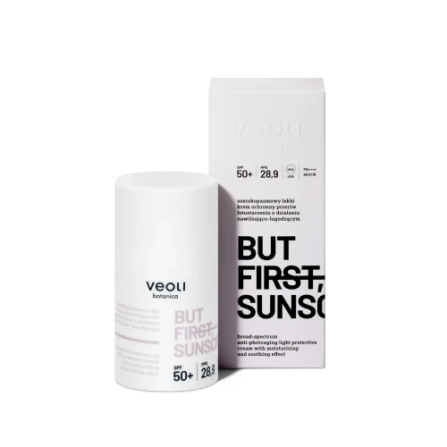 Szerokopasmowy lekki krem ochronny przeciw fotostarzeniu o działaniu nawilżająco-łagodzącym SPF 50+, UVA, UVB, PA++++, HEV/IR But First, Sunscreen 50 ml - Veoli Botanica