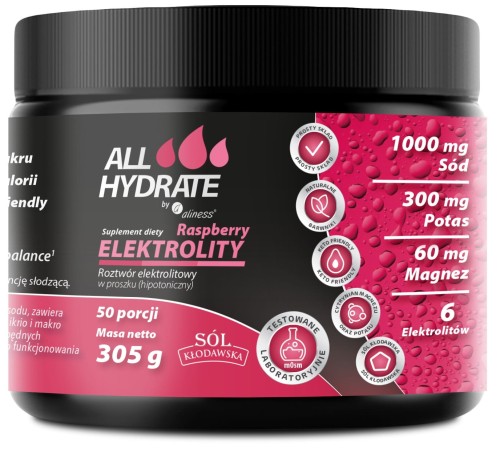 Elektrolity Raspberry (smak malinowy) - proszek 305 g, 50 porcji - Aliness