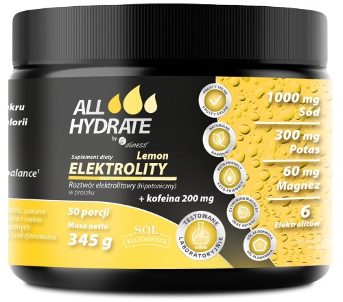 Elektrolity Lemon + Kofeina 200 mg - proszek 345 g - 50 porcji - ALLHydrate