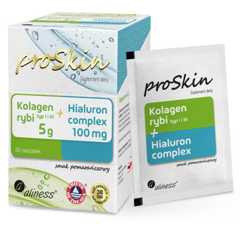 Kolagen rybi 5 g + Hialuron 100 mg Complex proSkin smak pomarańczowy 30 saszetek - Aliness