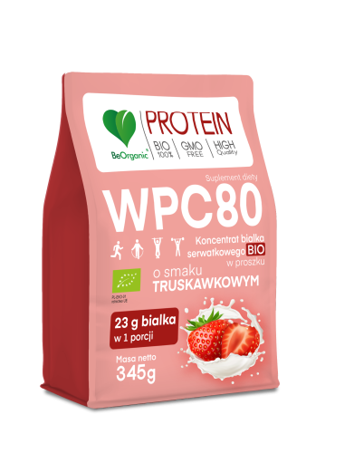 WPC 80 Koncentrat białka serwatkowego BIO w proszku Truskawka 345 g - BeOrganic
