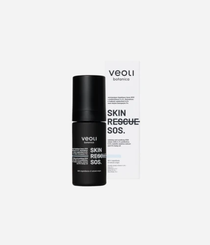 Wyciszająco-łagodzący krem SOS z prebiotykami 0,1%, ekstraktem z wąkroty azjatyckiej 0,2% oraz olejem konopnym 5% Skin Rescue SOS 30 ml - Veoli Botanica
